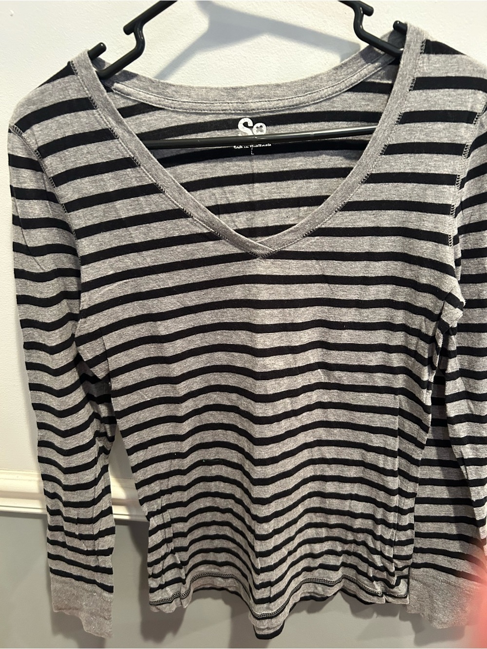 SO Black and Gray Striped V-Neck Long Sleeve Top